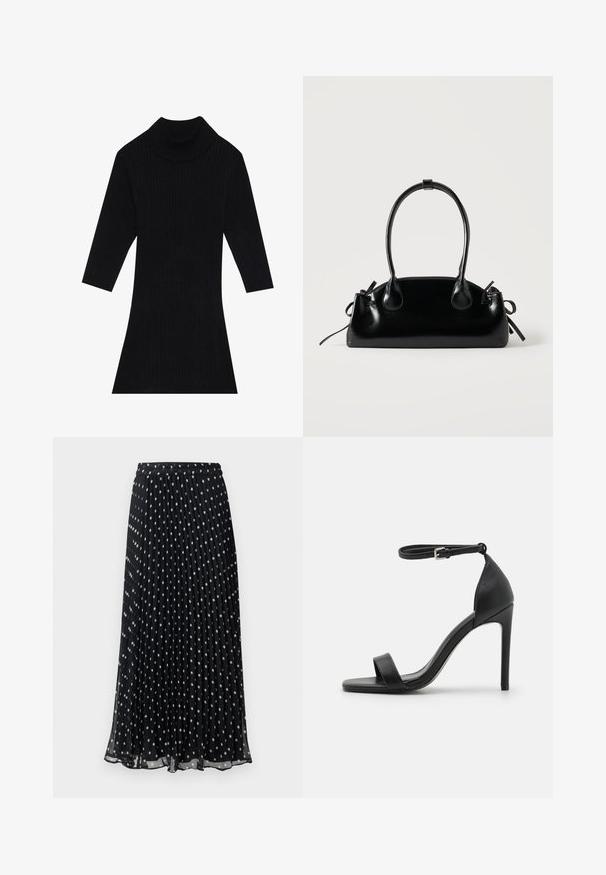 Robe en tricot côtelé noir avec un col montant et des manches trois-quarts, présentant une silhouette ajustée qui s'évase au niveau de l'ourlet.; Jupe noire plissée à pois blancs, dotée d'une taille élastique et d'un design fluide, fabriquée en tissu léger.; Sandale noire à talons hauts au design épuré, avec une bride au niveau de la cheville, un bout ouvert et une texture en cuir lisse.; Petit sac à main noir brillant avec deux longues anses et des détails à cordon sur les côtés sur un fond clair uni.