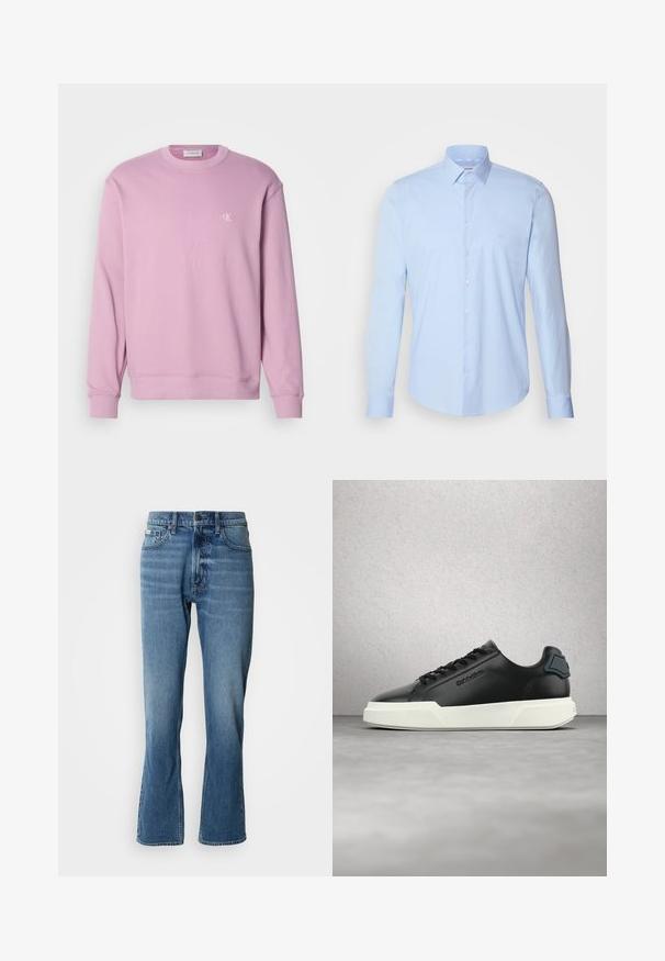Rosa Crewneck-Sweatshirt mit gerippten Bündchen und Saum, mit einem kleinen weißen Logo auf der Brust. Hergestellt aus weichem Baumwollstoff.; Hellblaues Button-up-Hemd aus Baumwolle, mit klassischem Kragen, langen Ärmeln und kleinem Logo auf der Brust. Glatte Textur.; Hellblaue Denim-Jeans mit geradem Schnitt und leicht ausgestelltem Bein. Verfügt über fünf Taschen, einen Knopfverschluss und dezente Waschungseffekte.; Schwarzer Ledersneaker mit weißer Sohle, schwarzen Schnürsenkeln und eingeprägtem Markenlogo, schwebend über einem grauen Boden vor einer Wand aus Glasbausteinen.