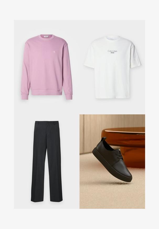 Rosa Crewneck-Sweatshirt mit gerippten Bündchen und Saum, mit einem kleinen weißen Logo auf der Brust. Hergestellt aus weichem Baumwollstoff.; Weißes T-Shirt mit kurzen Ärmeln, auf der Brust mittig mit "Calvin Klein JEANS" in Schwarz bedruckt, vor einem schlichten Hintergrund.; Dunkelgraue Hose mit geradem Bein, gefertigt aus strukturiertem Stoff, mit einer Knopfleiste und Seitentaschen.; Schwarzer Freizeit-Sneaker aus Leder mit Schnürsenkeln, schwebt über einem beigen Teppich, im Hintergrund ein bernsteinfarbenes, rundes Glastisch.