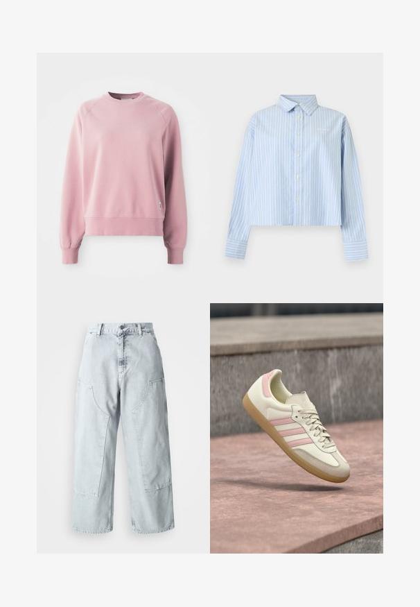 Helles rosa Sweatshirt mit Rundhalsausschnitt und Raglanärmeln, gerippten Bündchen und Saum, aus weichem Stoff gefertigt. Mit einem kleinen Logo-Tag an der Seite.; Hellblaues Langarmhemd mit weißen vertikalen Streifen, Kragen, Knopfleiste vorne und breiten Manschetten vor einfarbigem Hintergrund.; Helle blaue Denim-Hosen mit weitem Bein, großen Seitentaschen, hohem Bund und lockerer Passform. Abgenutzte Textur mit verwaschenem Finish.; Beiger Sneaker aus Leder mit pinken Akzenten, drei Seitenstreifen, abgerundeter Spitze und einer strukturierten Gummisohle. Leicht gepolsterter Kragen.