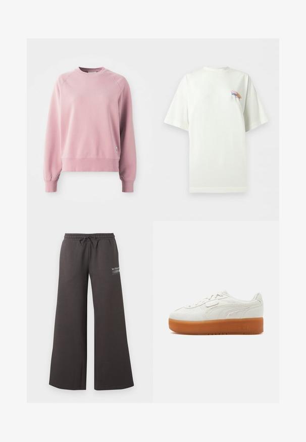 Helles rosa Sweatshirt mit Rundhalsausschnitt und Raglanärmeln, gerippten Bündchen und Saum, aus weichem Stoff gefertigt. Mit einem kleinen Logo-Tag an der Seite.; Weißes übergroßes T-Shirt mit kurzen Ärmeln und kleinem buntem Schriftzug "SUNSET est. 1972" sowie abstraktem Design auf der oberen linken Brustseite.; Anthrazitfarbene Sweatpants mit weitem Bein, elastischem Bund, Kordelzug und kleinem weißem New Balance Athletics-Logo am rechten Oberschenkel.; Weißer Low-Top-Sneaker mit dicker brauner Gummisohle, seitlichen Ziernähten und Schnürverschluss mit kleinem Klettverschluss.