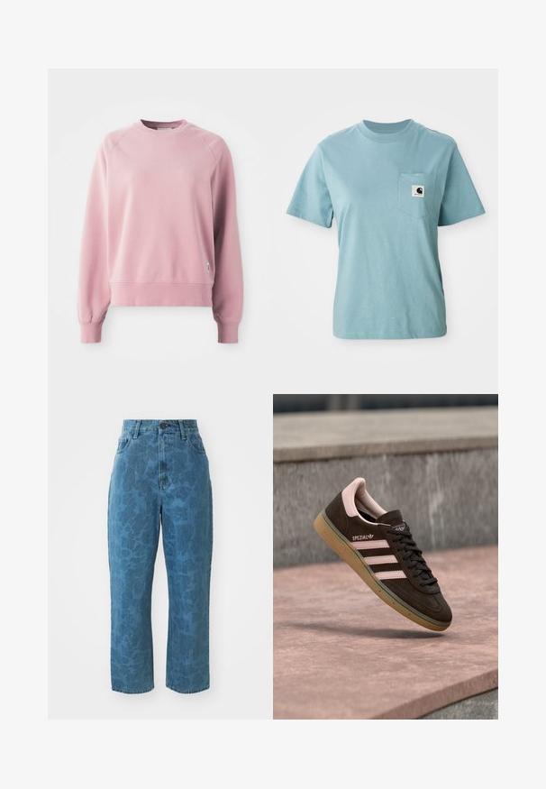 Helles rosa Sweatshirt mit Rundhalsausschnitt und Raglanärmeln, gerippten Bündchen und Saum, aus weichem Stoff gefertigt. Mit einem kleinen Logo-Tag an der Seite.; Helles blaues, kurzärmliges Baumwoll-T-Shirt mit Brusttasche, das mit einem kleinen schwarz-weißen Carhartt-Logo-Patch versehen ist.; Hellblaue Jeans aus Denim mit subtiler gemusterter Textur, hoher Taille und geradem Bein. Mit einem vorderen Knopf- und Reißverschluss.; Dunkelbrauner Veloursleder-Sneaker mit pinkfarbenen Akzenten, drei pinken Streifen, einer strukturierten Sohle und einem Logo an der Seite. Klassisches Low-Profile-Design.