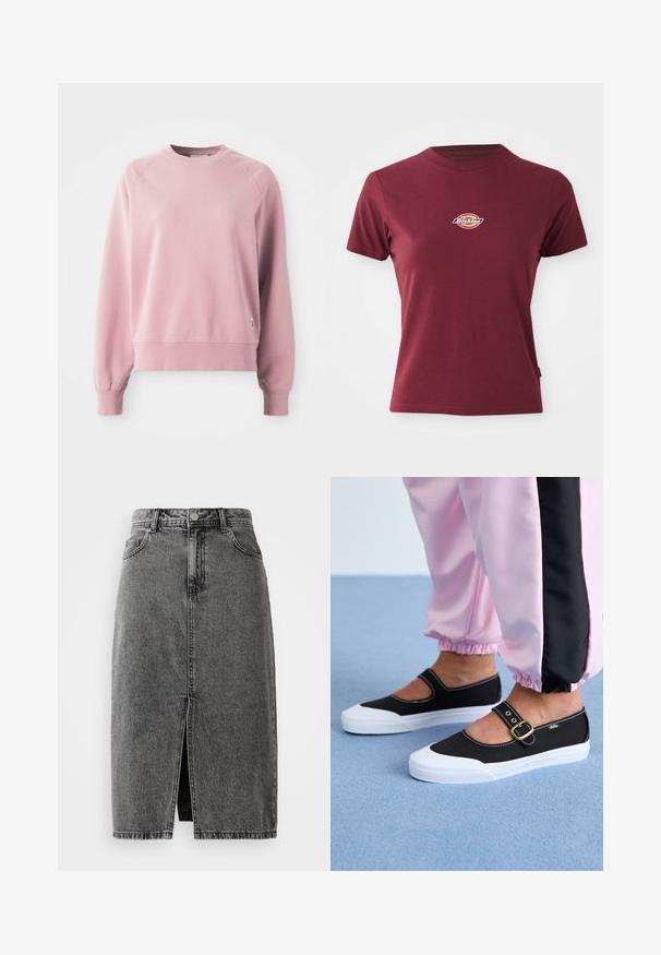 Helles rosa Sweatshirt mit Rundhalsausschnitt und Raglanärmeln, gerippten Bündchen und Saum, aus weichem Stoff gefertigt. Mit einem kleinen Logo-Tag an der Seite.; Bordeauxrotes T-Shirt mit kurzen Ärmeln aus Baumwolle, mit Rundhalsausschnitt und kleinem, mehrfarbigen "Dickies"-Logo auf der Brust.; Hochgeschnittene, ausgebleichte schwarze Denim-Midirock mit vorderem Schlitz, Gürtelschlaufen und klassischem Fünf-Taschen-Design.; Schwarze Leinenschuhe mit einer weißen Sohle, die ein Ausschnittdesign und einen goldenen Schnallenriegel aufweisen. Getragen mit rosa Sporthosen.