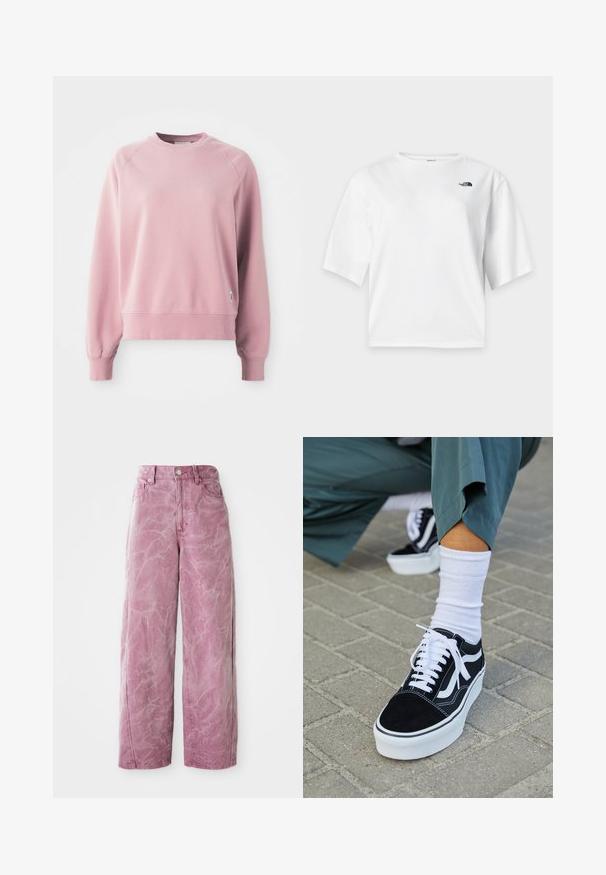 Helles rosa Sweatshirt mit Rundhalsausschnitt und Raglanärmeln, gerippten Bündchen und Saum, aus weichem Stoff gefertigt. Mit einem kleinen Logo-Tag an der Seite.; Weißes Kurzarm-T-Shirt mit Rundhalsausschnitt und schwarzem The North Face-Logo auf der linken Brust.; Rosa weit geschnittene Jeans mit hoher Taille, die ein verblasstes, strukturiertes Finish, einen Knopfverschluss und Seitentaschen aufweist.; Schwarze Wildledersneaker mit weißen Akzenten und Schnürsenkeln, ausgestattet mit einer dicken weißen Sohle und kontrastierenden Nähten, kombiniert mit einer weißen Socke.