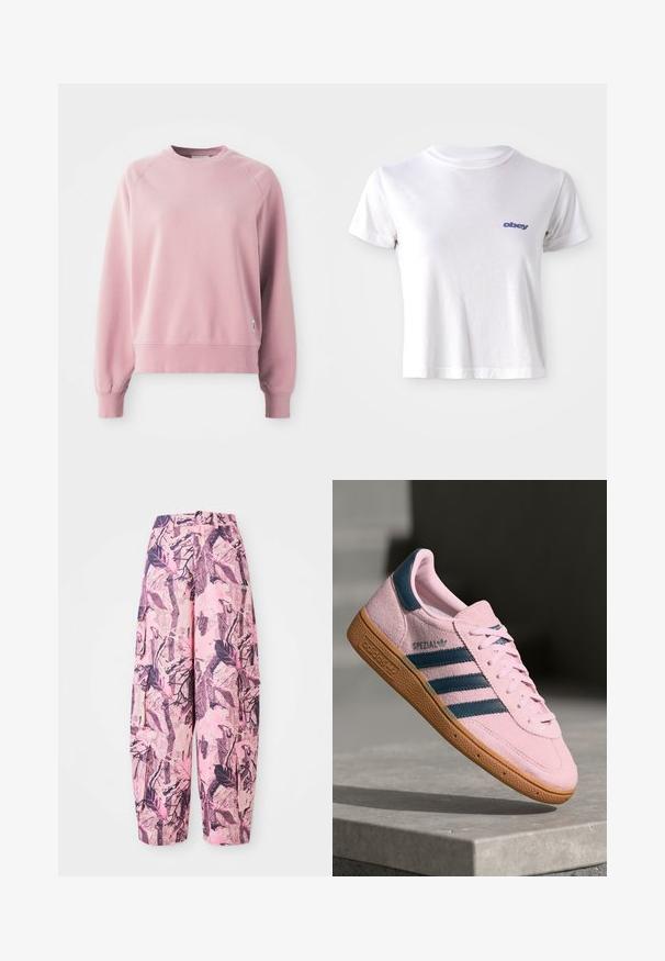 Helles rosa Sweatshirt mit Rundhalsausschnitt und Raglanärmeln, gerippten Bündchen und Saum, aus weichem Stoff gefertigt. Mit einem kleinen Logo-Tag an der Seite.; Weißes Baumwoll-T-Shirt mit rundem Halsausschnitt und kurzen Ärmeln, mit einem kleinen blauen "obey"-Logo auf der linken Brustseite.; Rosa und lila gemusterte weite Beinkleider zeigen ein Blatt- und Astdesign, mit einer hohen Taille und seitlichen Taschen für zusätzliche Funktionalität.; Hellrosa Wildleder-Sneaker mit navyblauen drei Streifen, Gummisohle und hellrosa Schnürsenkeln. Mit "SPEZIAL"-Branding an der Seite.