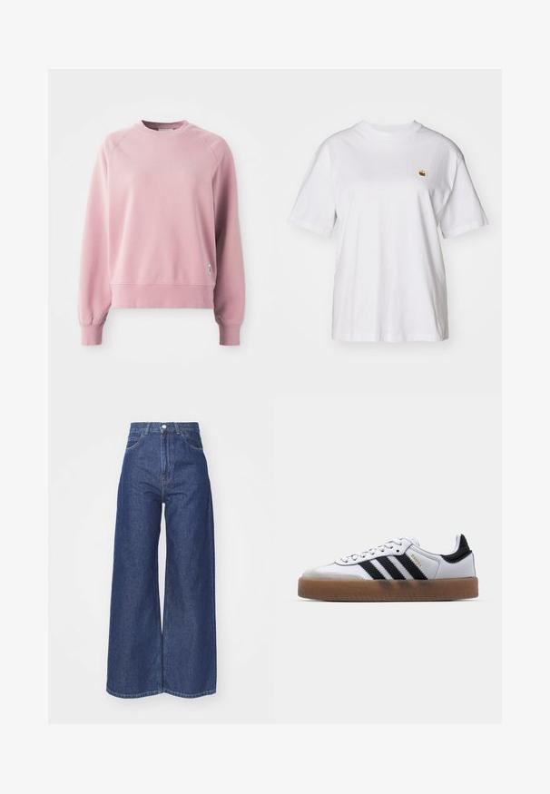 Helles rosa Sweatshirt mit Rundhalsausschnitt und Raglanärmeln, gerippten Bündchen und Saum, aus weichem Stoff gefertigt. Mit einem kleinen Logo-Tag an der Seite.; Weißes Baumwoll-T-Shirt mit lockerem Schnitt, kurzen Ärmeln und einem kleinen gestickten Logo auf der linken Brustseite.; Hellebeinsjeans aus dunkelblauem Denim. Hohe Taille mit Reißverschluss und Knopfverschluss. Klassische Fünf-Taschen-Optik und gesäumte Kanten.; Weiße Leder Sneakers mit schwarzen Streifen, Gummigummi-Außensohle, runder Zehenform, Schnürverschluss und weichem grauem Wildleder-Zehenkappe.