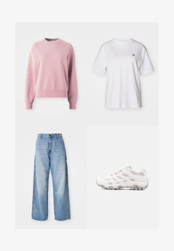 Helles rosa Sweatshirt mit Rundhalsausschnitt und Raglanärmeln, gerippten Bündchen und Saum, aus weichem Stoff gefertigt. Mit einem kleinen Logo-Tag an der Seite.; Weißes Baumwoll-T-Shirt mit lockerem Schnitt, kurzen Ärmeln und einem kleinen gestickten Logo auf der linken Brustseite.; Hellblaue weite Jeans mit hoher Taille, ausgestattet mit seitlichen Taschen und einer ausgeblichenen Textur, aus Denim-Material gefertigt.; Hellgrauer Wanderschuh mit strukturiertem Obermaterial, Mesh-Einsätzen und Gummisohle. Verfügt über ein markantes Schnürsystem und Merrell-Logo an der Seite.