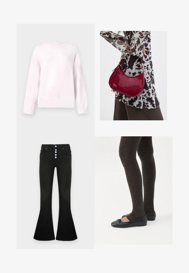 Pull en tricot rose pâle avec un col rond et des poignets côtelés. Présente une coupe décontractée et une texture douce. Étiquette de marque visible au niveau du col.; Jean évasé noir taille haute, braguette à cinq boutons, texture en denim doux et détails de coutures discrètes sur les poches et les coutures.; Jambes portant des leggings côtelés foncés associés à des ballerines noires avec de petits détails en nœud sur fond blanc.; Femme portant un chemisier à motif noir et blanc tenant un sac à main rouge brillant sur un fond uni.