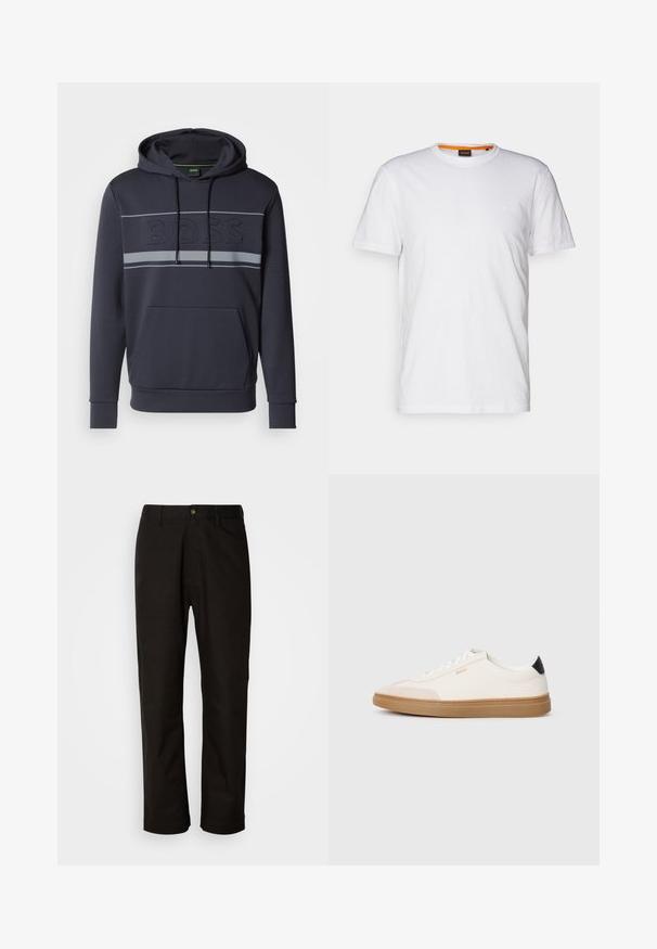 Marine hoodie met een kangoeroezak, capuchon met trekkoord en reliëf 'BOSS' logo. Heeft grijze strepen over de borst en geribbelde manchetten.; Witte katoenen T-shirt met ronde hals, korte mouwen en een subtiel reliëflogo op de borst. Het binnenlabel heeft een oranje accent.; Zwarte katoenen broek met een rechte snit, riemlussen, een ritssluiting aan de voorkant en een enkele knoopsluiting. Soepele textuur zonder zichtbare patronen.; Witte sneakers met beige accenten, bovenwerk van glad leer, ronde neus en rubberen gumzool, met een zwarte hieltab en subtiele branding.