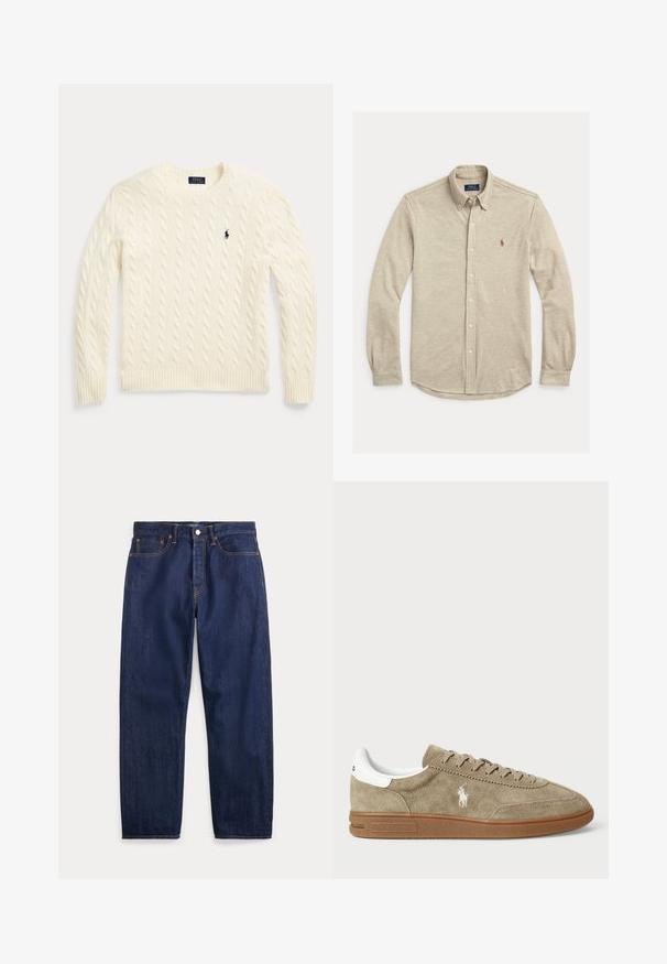 Jersey de punto trenzado color crema con mangas largas y logo de Polo Ralph Lauren bordado en el pecho izquierdo.; Camisa beige de manga larga con botones y cuello abotonado, con pequeño logo bordado en el pecho izquierdo, tendida sobre fondo blanco.; Vaqueros de mezclilla azul oscuro con perneras rectas, cinco bolsillos, cierre de botones y costuras visibles.; Zapatillas de ante en color marrón con detalles en blanco, punta redonda y diseño con cordones. Presenta un logotipo en relieve y suela de goma para mayor tracción.