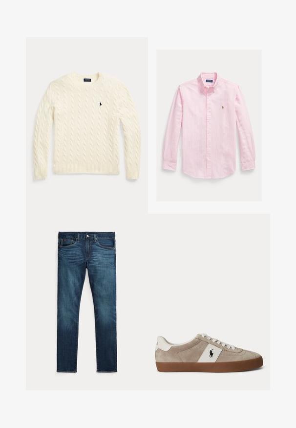 Jersey de punto trenzado color crema con mangas largas y logo de Polo Ralph Lauren bordado en el pecho izquierdo.; Camisa de manga larga rosa claro con botones, rayas verticales blancas y un pequeño logo bordado en el lado izquierdo del pecho.; Vaqueros azul oscuro de corte ajustado con botón y cremallera delanteros, cinco bolsillos y un sutil efecto desgastado en la parte frontal de los muslos y las rodillas.; Zapatilla beige de ante con corte bajo, cordones blancos, detalle de piel blanca con logo de caballo negro y suela de goma marrón.