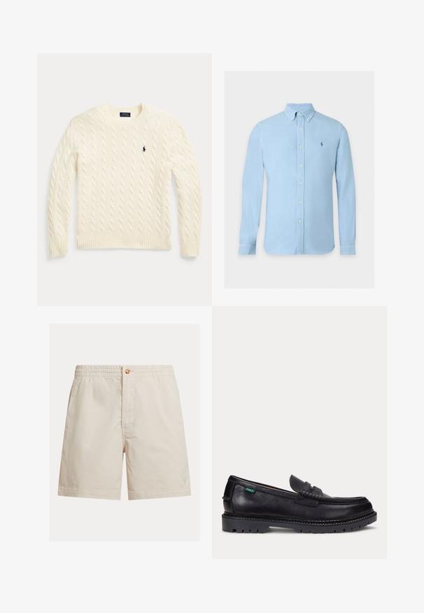 Jersey de punto trenzado color crema con mangas largas y logo de Polo Ralph Lauren bordado en el pecho izquierdo.; Camisa azul claro de manga larga con botones, cuello abotonado y pequeño logo bordado en el pecho izquierdo.; Pantalones cortos para hombre en beige claro, hechos de mezcla de algodón, con cintura elástica, cierre de botón y un solo logo cerca del dobladillo.; Mocasín de cuero negro con suela gruesa estriada y pequeña etiqueta verde "Polo" en el lado exterior cerca del talón.