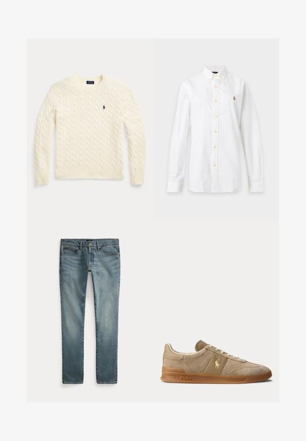 Jersey de punto trenzado color crema con mangas largas y logo de Polo Ralph Lauren bordado en el pecho izquierdo.; Camisa blanca de manga larga con botones, cuello y pequeño logotipo bordado en el pecho izquierdo sobre un fondo liso.; Pantalones vaqueros de mezclilla azul de pierna recta con bolsillos delanteros, trabillas para cinturón y cierre de botón.; Zapatilla beige de ante y cuero con suela de goma, cordones blancos y logo Polo en el lateral y la suela.