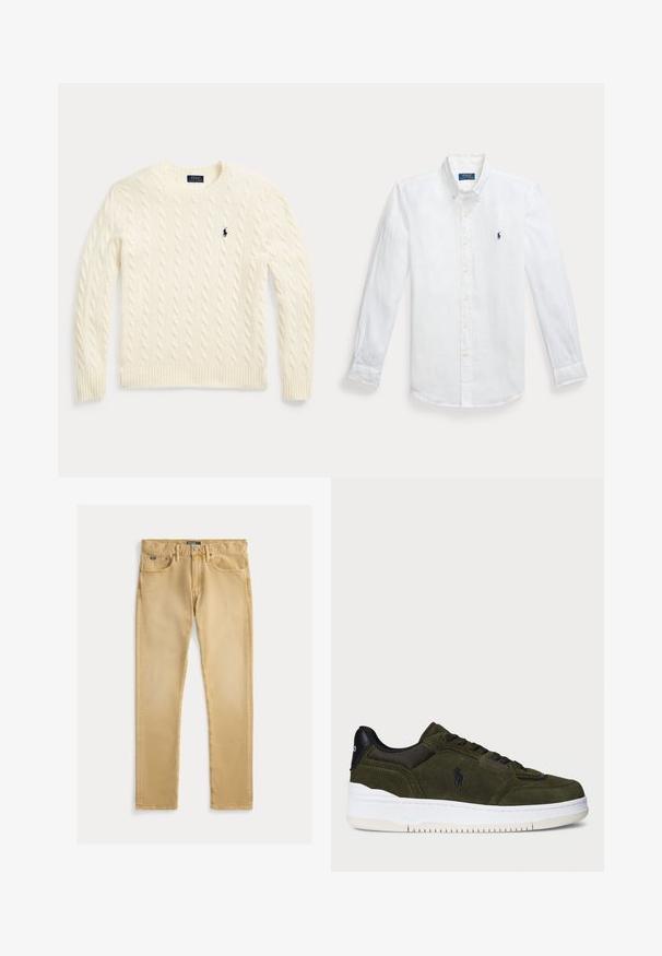 Pull en maille torsadée couleur crème avec manches longues et logo Polo Ralph Lauren brodé sur la poitrine gauche.; Chemise boutonnée blanche en lin à manches longues avec un col pointu et un logo bleu brodé sur la poitrine gauche. Dispose de poignets à boutons.; Jeans en coton beige avec une coupe slim, conception à cinq poches et coutures visibles. Comprend un bouton en métal et une étiquette sur la taille.; Baskets en suède vert avec des accents en mesh noir et en cuir, semelle en caoutchouc blanc, forme arrondie et logo embossé sur le côté.