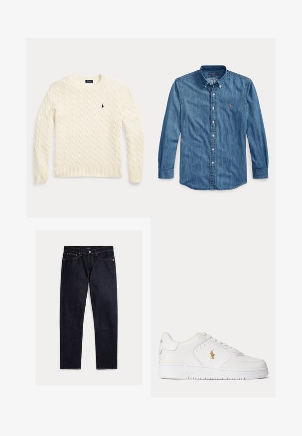 Kremfarvet kabelstrikket sweater med lange ærmer og Polo Ralph Lauren-logo broderet på venstre bryst.; Blå langærmet denimskjorte med krave og lille broderet logo på venstre bryst ved knapperne.; Mørk indigoblå jeans med lige ben, fem lommer, knap- og lynlås lukning samt kontrastfulde orange syninger på en ensfarvet baggrund.; Hvid lavtopet lædersneaker med hvide snørebånd og et gyldent Polo Ralph Lauren-logo på siden samt "Polo" præget på sålen.