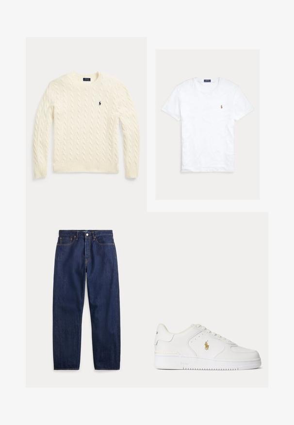 Cremefarbener Strickpullover mit Zopfstrickmuster, langen Ärmeln und dem Polo Ralph Lauren Logo, das auf der linken Brust gestickt ist.; Weißes T-Shirt mit Rundhalsausschnitt und kurzen Ärmeln, mit kleinem gesticktem Polo Ralph Lauren Logo auf der linken Brust und blauem Markenetikett innen am Kragen.; Dunkelblaue Jeans aus Denim mit geraden Beinen, fünf Taschen, Knopfverschluss und sichtbaren Nähten.; Weißer Leder-Sneaker mit niedrigem Schnitt, weißen Schnürsenkeln und einem goldfarbenen Polo Ralph Lauren-Logo an der Seite sowie "Polo" auf der Sohle geprägt.