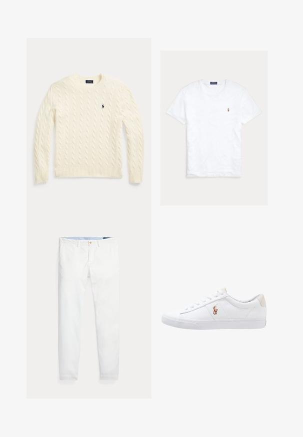 Pull en maille torsadée couleur crème avec manches longues et logo Polo Ralph Lauren brodé sur la poitrine gauche.; T-shirt blanc à col rond et manches courtes avec petit logo Polo Ralph Lauren brodé sur la poitrine gauche et étiquette de marque bleue à l’intérieur du col.; Chinos en coton blanc coupe slim, dotés d'une fermeture à un bouton doré et d'une ceinture intérieure bleu clair. Texture lisse sans motifs.; Baskets en toile blanches avec un design basse, présentant un onglet de talon beige et un petit logo brodé sur le côté. Semelle en caoutchouc.
