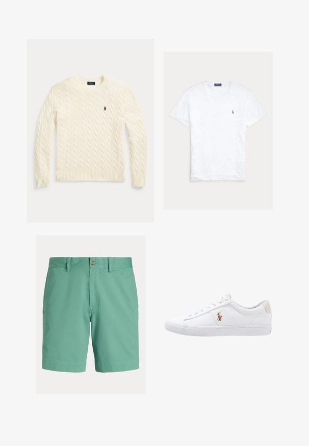 Krémový sveter s dlhými rukávmi, pletený vzorom vrkočov a vyšívaným logom Polo Ralph Lauren na ľavej hrudi.; Biele tričko s krátkym rukávom a okrúhlym výstrihom, s malým vyšitým logom Polo Ralph Lauren na ľavej strane hrude a modrou značkovou etiketu vo vnútri goliera.; Pánske šortky svetlo zelenej farby, vyrobené z bavlnenej zmesi. Majú rovný predný diel, zapínanie na gombík, očká na opasok a bočné vrecká. Hladká textúra.; Biele plátenné tenisky s nízkym strihom, ktoré majú béžový opasok na päte a malé vyšívané logo na boku. Gumová podrážka.