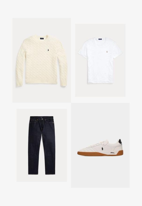 Crèmekleurige kabelgebreide trui met lange mouwen en geborduurd Polo Ralph Lauren-logo op de linkerborst.; Witte T-shirt met korte mouwen en ronde hals met klein geborduurd Polo Ralph Lauren-logo op de linkerborst en een blauw merklint binnenin de kraag.; Donker indigoblauwe rechte jeans met vijf zakken, knoop- en ritsluiting en contrasterende oranje stiksels op een effen achtergrond.; Witte lage sneaker met een bruine rubberen zool, zwart Polo Ralph Lauren-logo aan de zijkant en de tekst "RL" op het hielgedeelte.