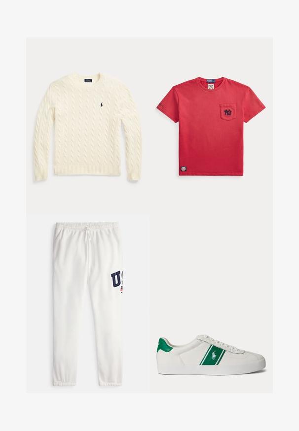 Kreemivärviline soonikkoes kampsun pikkade varrukatega ja paremal rinnal Polo Ralph Laureni logo tikandiga.; Punane lühikeste varrukatega t-särk, millel on väike rinnatasku tumeda logoga ja silt ääre lähedal valgel taustal.; Valged dressipüksid elastse vöökohaga, millel on tumedasinised "USA" tähed ja vasakul jalal väike lipu aksent. Siledapinnaline tekstuur.; Valge madala säärega toss roheline triibu ja Polo logoga küljel, rohelise kandmisega ja valgete paeltega, esitatud vasakult küljelt lihtsal taustal.