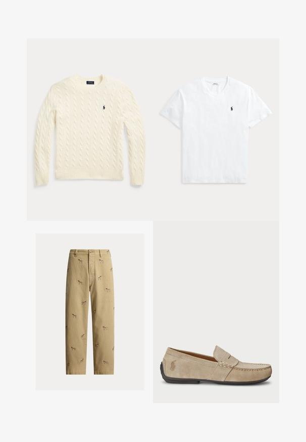 Cremefarbener Strickpullover mit Zopfstrickmuster, langen Ärmeln und dem Polo Ralph Lauren Logo, das auf der linken Brust gestickt ist.; Weißes T-Shirt mit V-Ausschnitt und kurzen Ärmeln mit kleinem marineblauem Polo Ralph Lauren Pferdelogo auf der linken Brust.; Beige Cordhosen aus Cord mit bestickten Hundemotiven, geradem Beinschnitt und Fünf-Taschen-Design mit vorderem Knopfverschluss.; Beige Wildleder Slipper mit gesticktem Detail, flacher Gummisohle und kleinem Logo an der Seite. Klassisches Slip-On-Design, weicher Textur.