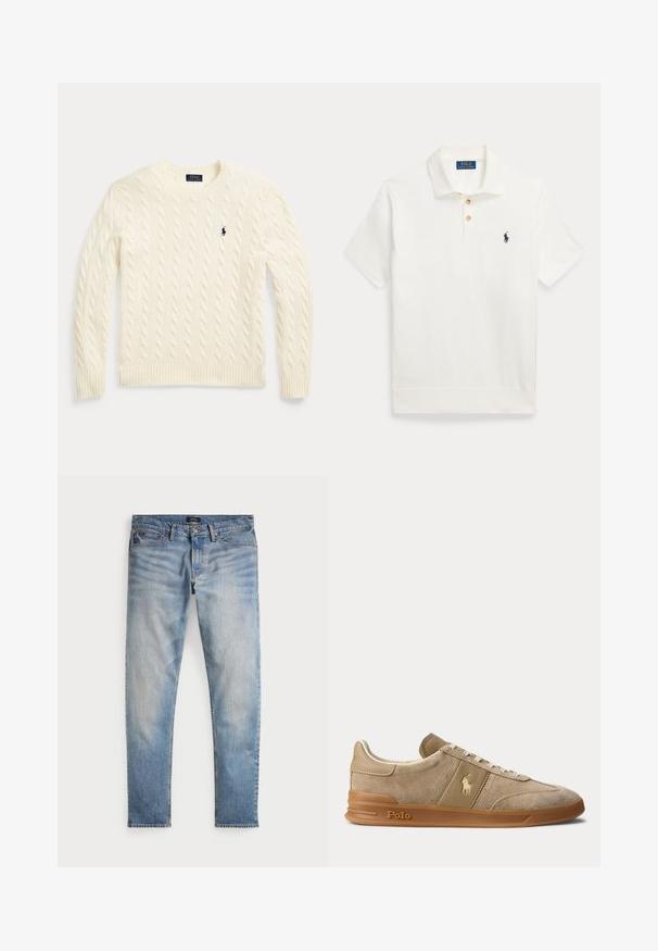 Cremefarbener Strickpullover mit Zopfstrickmuster, langen Ärmeln und dem Polo Ralph Lauren Logo, das auf der linken Brust gestickt ist.; Weißes Polo Ralph Lauren Polohemd mit kurzen Ärmeln, zwei Knöpfen und einem marineblauen, bestickten Pferdelogo auf der linken Brust.; Helle blaue Denim-Jeans mit einem ausgewaschenen Finish, Fünf-Taschen-Design und kontrastierenden Nähten. Mit Reißverschluss und Gürtelschlaufen. Gerade geschnitten.; Beiger Wildleder- und Leder-Low-Top-Sneaker mit Gummisohle, weißen Schnürsenkeln und Polo-Logo an der Seite und an der Sohle.