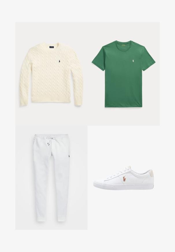 Cremefarbener Strickpullover mit Zopfstrickmuster, langen Ärmeln und dem Polo Ralph Lauren Logo, das auf der linken Brust gestickt ist.; Grünes kurzärmeliges Rundhals-T-Shirt mit kleinem weißem Polo Ralph Lauren Pferdelogo auf der linken Brust.; Weiße Jogginghose aus weichem Material mit einer Kordelzugweite, seitlichen Taschen und gerippten Bündchen. Kleines Logo auf dem Oberschenkel.; Weiße Leinensneaker im Low-Top-Design mit einem beigen Ferseneinsatz und einem kleinen gestickten Logo an der Seite. Gummisohle.