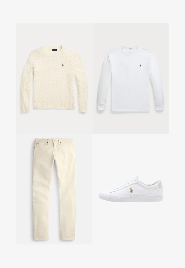 Crèmekleurige kabelgebreide trui met lange mouwen en geborduurd Polo Ralph Lauren-logo op de linkerborst.; Witte T-shirt met lange mouwen, gemaakt van katoen, met een ronde halslijn en een klein marineblauw logo op de linkerborst. Gladde textuur, eenvoudig ontwerp.; Lichtbeige rechte broek van een gestructureerde stof. Voorzien van vijf zakken en bruine metalen accenten. Geen zichtbare patronen of versieringen.; Witte canvas sneakers met een laag ontwerp, featuring een beige hieltab en een klein geborduurd logo aan de zijkant. Rubber zool.