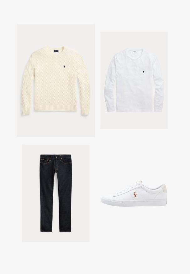 Kreemivärviline soonikkoes kampsun pikkade varrukatega ja paremal rinnal Polo Ralph Laureni logo tikandiga.; Valge pikama-särgi, ümar kaelusega, vasakul rinnal väike tumesinine Polo Ralph Laureni tikitud logo.; Tumedassinised kitsad teksad viie tasku, nööp-kinnituse ja kontrastõmblustega, tasapinnal heledal taustal.; Valge kanvasest tennis, madala lõikega disain, millel on beež kontsapink ja väike tikitud logo küljel. Kummi välissole.