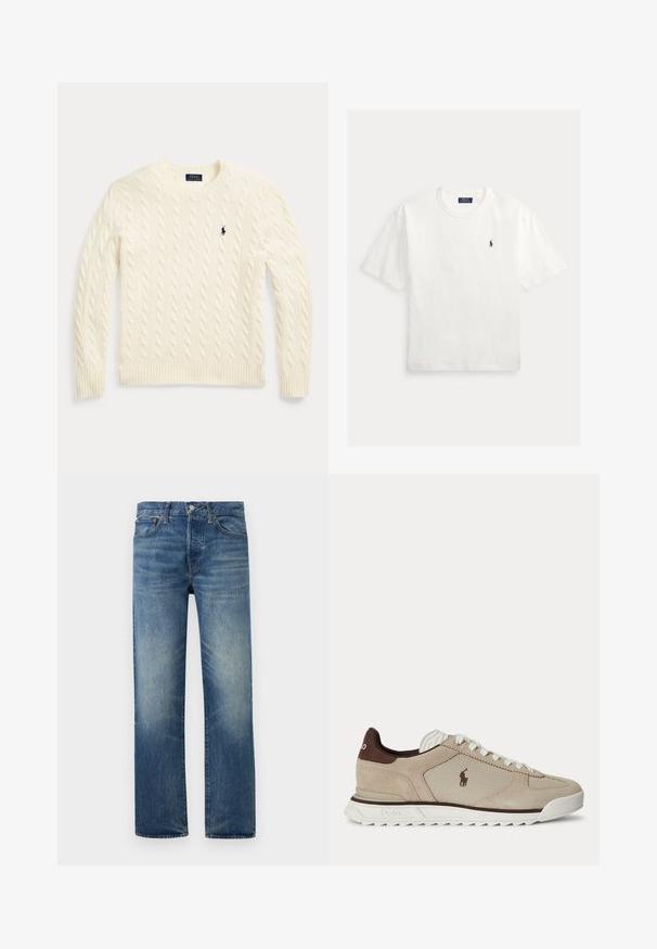 Jersey de punto trenzado color crema con mangas largas y logo de Polo Ralph Lauren bordado en el pecho izquierdo.; Camiseta blanca de manga corta con cuello redondo y pequeño logo negro de Polo Ralph Lauren con un caballo en el pecho izquierdo.; Vaqueros azul desgastado de pierna recta con cierre frontal de botón y cremallera, trabillas para cinturón y bolsillos delanteros sobre fondo liso.; Zapatilla beige y marrón de corte bajo con cordones, suela blanca, paneles de malla y ante, y logo de Polo en el lateral.