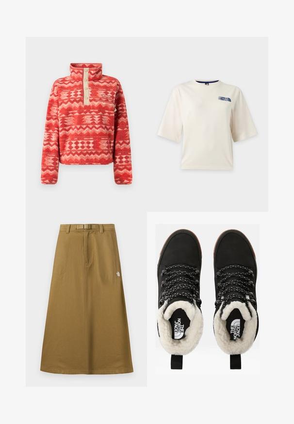 Roter Fleecepullover mit hohem Kragen, der ein geometrisches Muster in Rot- und Cremetönen zeigt, akzentuiert durch eine beigefarbene Knopfleiste und Tasche.; Weißes T-Shirt mit kurzen Ärmeln und kleinem blauem The North Face Logo auf der linken oberen Brust.; Langer, brauner Outdoor-Rock mit Taschen vorne, integriertem Gürtel und The North Face Logo auf der rechten Seite.; Schwarze wasserdichte Knöchelstiefel mit einem Futter aus Kunstfell, strukturiertem Stoff, weiß-schwarzem Muster für die Schnürsenkel und einer Schlaufe an der Ferse.