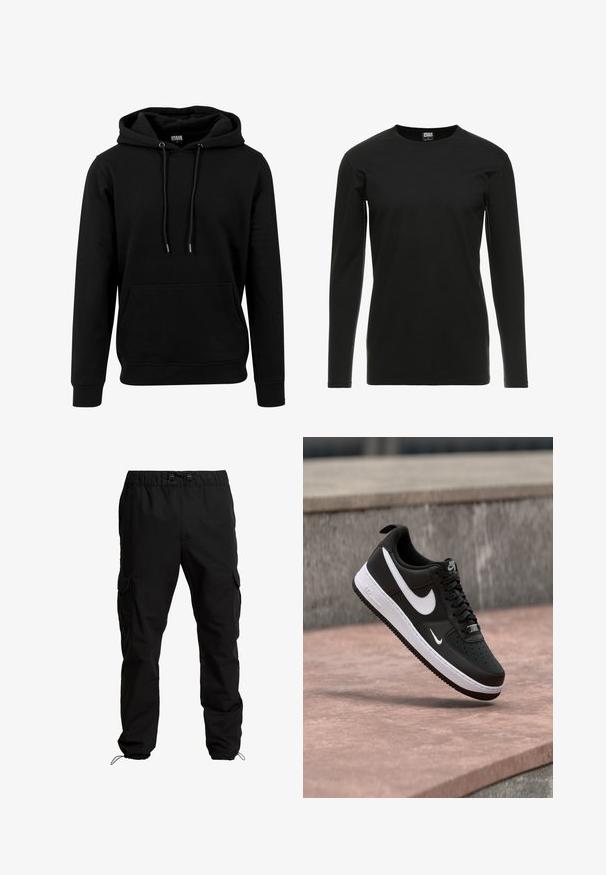 Zwarte hoodie van zachte stof, voorzien van een grote voorzak, trekkoorden en ribbels aan de mouwen en onderkant. Eenvoudig, effen kleurontwerp.; Urban Classics STRETCH TERRY - Longsleeve - black; Zwarte cargobroek van duurzaam materiaal, met een elastische tailleband, verstelbare trekkoorden en zijzakken met kleppen.; Zwart-witte Nike Air Force 1 sneaker zwevend boven een roze betonnen oppervlak met een achtergrond van grijze stenen.