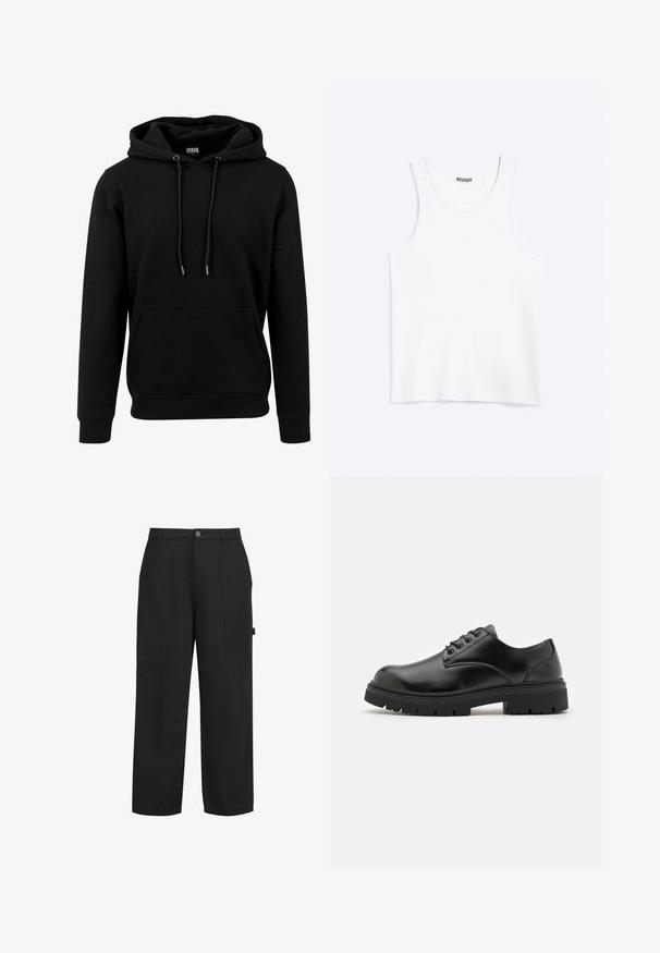 Schwarzer Hoodie aus weichem Stoff, mit einer großen Fronttasche, Kordeln und gerippten Bündchen und Saum. Einfaches, einfarbiges Design.; Weißes ärmelloses Tanktop mit rundem Ausschnitt und Weekday-Markenetikett auf der Innenseite des hinteren Kragens, flach auf hellem Hintergrund dargestellt.; Schwarze Baumwollhose mit lässiger Passform, ausgestattet mit zwei Fronttaschen, einem Reißverschluss und einem sichtbaren Knopf. Glatte Textur, gerades Bein-Design.; Schwarze Lederschuhe mit runder Zehenform, Schnürdesign und einer dicken, strukturierten Gummisohle. Sie verfügen über eine Naht entlang des Randes und haben eine glatte Oberfläche.