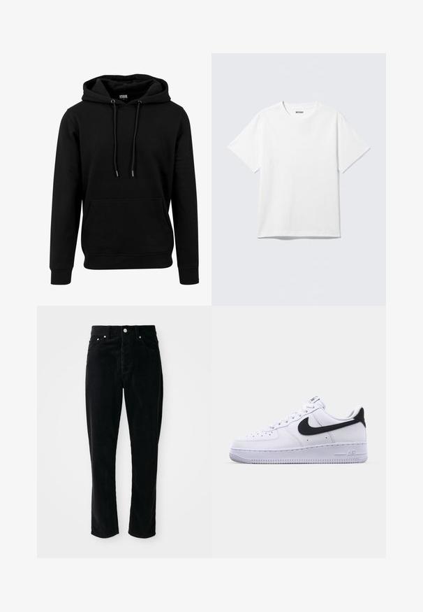 Schwarzer Hoodie aus weichem Stoff, mit einer großen Fronttasche, Kordeln und gerippten Bündchen und Saum. Einfaches, einfarbiges Design.; Weißes T-Shirt mit kurzen Ärmeln und Rundhalsausschnitt, flach liegend, schlichtes Design, mit „WEEKDAY“-Etikett innen im Kragen auf hellem Hintergrund.; Schwarze Cordhosen mit hoher Taille, geradem Bein, fünf Taschen und silbernen Elementen, die ein strukturiertes Rippmuster aufweisen.; Weißes Leder-Sneaker mit einem strukturierten schwarzen Swoosh, flachen Schnürsenkeln und einer Gummisohle mit genoppetem Muster. "AIR" ist auf der Ferse eingeprägt.