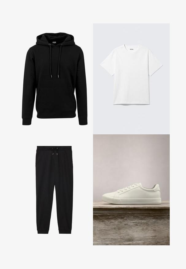 Schwarzer Hoodie aus weichem Stoff, mit einer großen Fronttasche, Kordeln und gerippten Bündchen und Saum. Einfaches, einfarbiges Design.; Weißes T-Shirt mit kurzen Ärmeln und Rundhalsausschnitt, flach liegend, schlichtes Design, mit „WEEKDAY“-Etikett innen im Kragen auf hellem Hintergrund.; Schwarze Jogginghose aus weichem Stoff, mit elastischem Bund, Kordelzug und schmal zulaufenden Beinabschlüssen.; Weiße Schnürsneaker, die über einer Holzbank mit grünem Laub im Hintergrund schweben und das Schuhdesign sowie die Textur zeigen.
