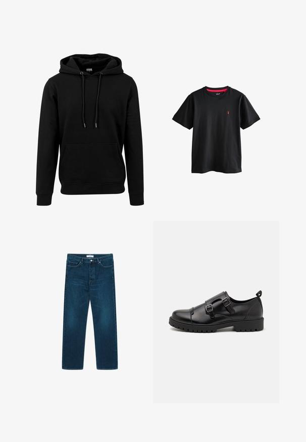 Schwarzer Hoodie aus weichem Stoff, mit einer großen Fronttasche, Kordeln und gerippten Bündchen und Saum. Einfaches, einfarbiges Design.; Schwarzes Kurzarm-T-Shirt aus Baumwolle. Mit einem runden Halsausschnitt und roten Akzenten innen sowie einem kleinen roten Logo auf der linken Brust.; WOOD WOOD WW TYPE 2 DENIM STRAIGHT LEG - Jeans Straight Leg - dark ocean; Pier One Business-Slipper - black
