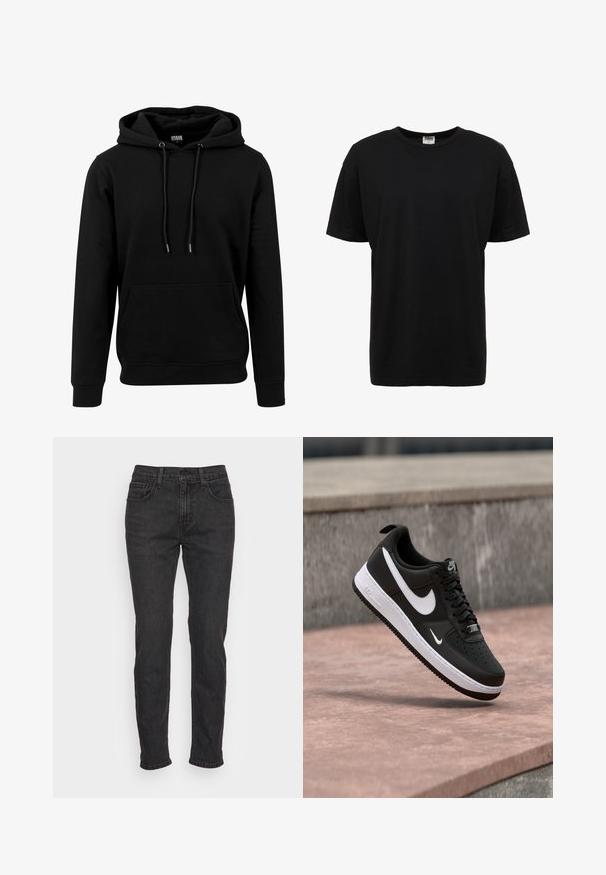 Schwarzer Hoodie aus weichem Stoff, mit einer großen Fronttasche, Kordeln und gerippten Bündchen und Saum. Einfaches, einfarbiges Design.; Schwarzes Baumwoll-T-Shirt mit Rundhalsausschnitt, kurzen Ärmeln, normaler Passform, glatter Textur und ohne sichtbare Muster oder Akzente.; Schwarze Denim-Jeans mit schlankem Schnitt, ausgestattet mit fünf Taschen, Gürtelschlaufen und subtilen Stitching-Details. Abgenutzte Textur entlang des Stoffes.; Schwarz-weißer Nike Air Force 1 Sneaker, der über einer rosa Betonfläche mit grauem Stein-Hintergrund schwebt.