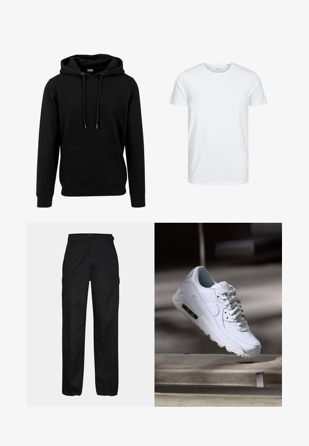Sort hoodie lavet af blødt materiale, med en stor frontlomme, snoretræk og ribbede manchetter og kant. Enkel, ensfarvet design.; Rundhals kortærmet t-shirt i ensfarvet hvid, lavet af blød bomuld, har et simpelt design uden synlige mønstre eller detaljer.; Sorte cargo bukser med lige pasform, der har sidelommer, knaplukning og elastiske manchetter ved anklerne. Fremstillet af slidstærkt stof.; Hvide lædersneakers med teksturerede overflader, polstret krave og synlig luftpolstring i sålen. Har snørrebånd og et minimalistisk design.
