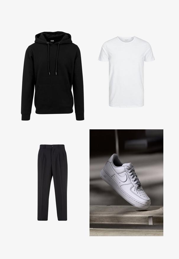 Schwarzer Hoodie aus weichem Stoff, mit einer großen Fronttasche, Kordeln und gerippten Bündchen und Saum. Einfaches, einfarbiges Design.; Rundhals-T-Shirt mit kurzen Ärmeln in reinem Weiß, aus weicher Baumwolle, mit einem schlichten Design ohne sichtbare Muster oder Akzente.; Schwarze, maßgeschneiderte Hose mit vorderen Bundfalten, Gürtelschlaufen und Knopfverschluss an der Taille.; Weißer Nike Air Force 1 Sneaker aus Leder mit perforierter Zehenpartie, flachen Schnürsenkeln und strukturierter Gummisohle mit "AIR"-Branding an der Seite.