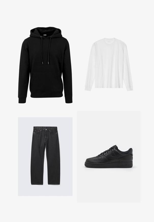 Zwarte hoodie van zachte stof, voorzien van een grote voorzak, trekkoorden en ribbels aan de mouwen en onderkant. Eenvoudig, effen kleurontwerp.; Wit, lang katoen T-shirt met lange mouwen en ronde hals, met geribde manchetten en een rechte zoom, een gladde textuur en een minimalistisch ontwerp.; Zwarte rechte denim jeans met vijf zakken en een knoopsluiting in de taille, plat gelegd op een lichte achtergrond.; Nike Sportswear AIR FORCE 1 07 FLYEASE - Sneakers laag - black