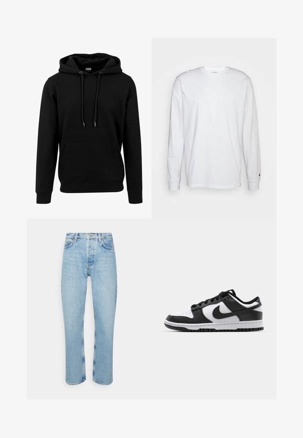 Sort hoodie lavet af blødt materiale, med en stor frontlomme, snoretræk og ribbede manchetter og kant. Enkel, ensfarvet design.; Hvid langærmet T-shirt lavet af bomuld. Rund halsudskæring med ribbede manchetter og et lille logo på venstre ærme. Glat tekstur.; Lyseblå denimjeans med lige snit, høj talje, fem-lomme design og synlige strikdetaljer ved sømmene og sømmen.; Sort og hvid Nike Dunk sneakers med læderoverdel, perforeret tå, sorte snørebånd og en sort gummisål med slidbanedesign.