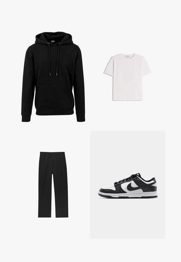 Sort hoodie lavet af blødt materiale, med en stor frontlomme, snoretræk og ribbede manchetter og kant. Enkel, ensfarvet design.; Hvid bomuld T-shirt med rund halsudskæring og korte ærmer. Har en klassisk, firkantet form uden synlige mønstre eller detaljer.; Sorte bukser med lige ben, lavet af et glat stof. Har frontfolder og en enkelt knaplukning i taljen.; Sort og hvid Nike Dunk sneakers med læderoverdel, perforeret tå, sorte snørebånd og en sort gummisål med slidbanedesign.