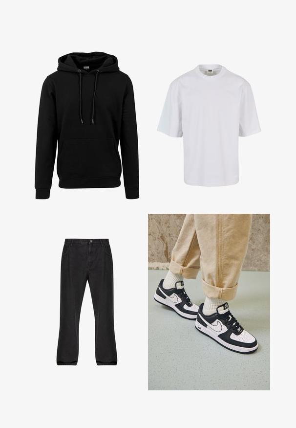 Schwarzer Hoodie aus weichem Stoff, mit einer großen Fronttasche, Kordeln und gerippten Bündchen und Saum. Einfaches, einfarbiges Design.; Weißes T-Shirt mit kurzen Ärmeln aus Baumwolle. Verfügt über einen Rundhalsausschnitt und einen lockeren Schnitt mit glatter Oberfläche sowie ohne sichtbare Muster oder Grafiken.; Schwarze Jeans aus Denim mit geradem Bein, fünf Taschen, Knopfverschluss und leichter Ausbleichung.; Schwarz-weiße Nike Air Force 1 Sneaker mit einem Obermaterial aus Leder, perforierter Zehenpartie und strukturiertem Sohlendesign, getragen mit aufgerollten beigen Hosen und weißen Socken.