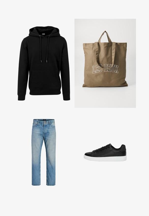 Zwarte hoodie van zachte stof, voorzien van een grote voorzak, trekkoorden en ribbels aan de mouwen en onderkant. Eenvoudig, effen kleurontwerp.; Lichtblauwe denim jeans met rechte pijpen, voorzien van een knoopsluiting aan de voorkant en rits, riemlussen en een klassieke vijfzakkenontwerp.; Zwarte leren sneaker met een gladde textuur, ronde neus en minimale stiksels. Voorzien van een witte rubberen zool en zwarte vetersluiting.; Bruine stoffen tote bag met twee lange handvatten. Aan de voorkant staat in witte tekst "LES DEUX." Eenvoudig ontwerp, stevig materiaal en een platte vorm.