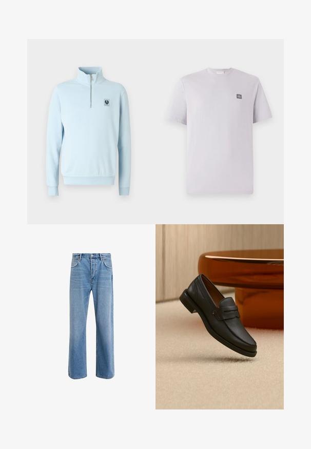 Ανοιχτού μπλε pullover φούτερ με ψηλό γιακά, μισό φερμουάρ και μία μικρή μαύρη ετικέτα στο στήθος. Μαλακό, ύφασμα από μίγμα βαμβακιού.; Ανοιχτό λεβάντα κοντομάνικο μπλουζάκι φτιαγμένο από βαμβάκι, με στρογγυλή λαιμόκοψη και μικρή σκούρα διάθεση στο αριστερό στήθος. Λείο υλικό.; Ανοιχτό μπλε τζιν παντελόνι με ευθεία γραμμή, πέντε τσέπες, κλείσιμο με κουμπί, ελάχιστη φθορά και αντίθετες ραφές.; Μαύρο δερμάτινο μοκασίνι ανδρικό με λουρίδα στην κορυφή, παρουσιασμένο σε μπεζ χαλί κοντά σε ένα καφέ μοντέρνο στρογγυλό τραπέζι.