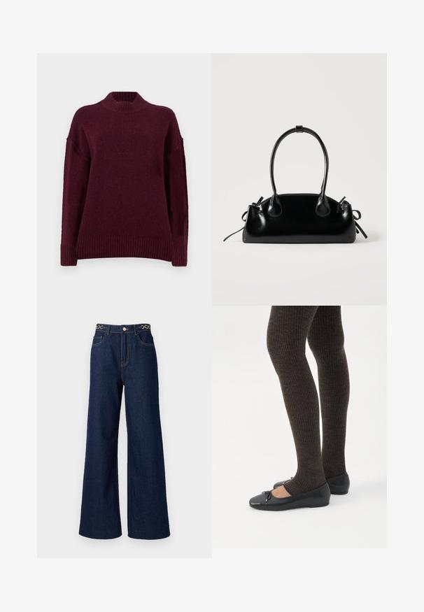 Pull en maille bordeaux avec un col montant à côtes, des épaules basses et un ourlet côtelé. Fabriqué à partir d'un matériau doux et texturé.; Des jeans en denim bleu marine à jambes larges présentent une taille haute, des accents en chaîne dorée à la taille, et des détails de couture contrastants tout au long.; Jambes portant des leggings côtelés foncés associés à des ballerines noires avec de petits détails en nœud sur fond blanc.; Petit sac à main noir brillant avec deux longues anses et des détails à cordon sur les côtés sur un fond clair uni.