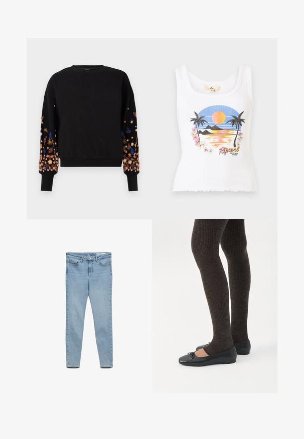 Must-havesinine must-havesinid must-havesinine must-havesinid must-havesinidnevakita neetud must-havesini neetud must-havesinidneid must-havesinid. Särava lilleline tikand varrukatel, ümar kaelus ja soonikuga mansetid.; Valge soonikkoega tanktop, millel on päikeseloojanguga rannavaade, palmipuud, lilled ja ees "Ripcurl" logo tekst.; Hele sinised kitsad teksapüksid, millel on viis taskut, nööpkinnitus ja vööaugud, valgel taustal eksponeeritud.; Jalad seljas tumedad soonelises soonelises kombines mustade baleriinadega, millel on väikesed paelade detailid valgel taustal.