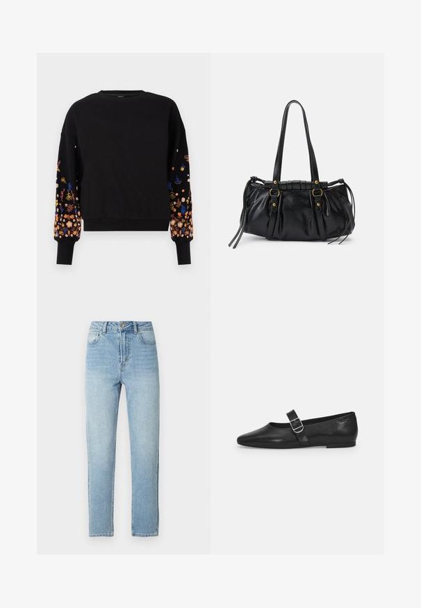 Sweatshirt noir avec broderie florale aux couleurs vives sur les manches, présentant un col rond et des poignets côtelés.; Jean en denim bleu clair de coupe droite, style cinq poches, fermeture par bouton en métal, avec un léger effet délavé sur le devant.; Chaussure plate en cuir noir avec un bout arrondi, une seule sangle réglable à boucle et une texture lisse et brillante. Design minimaliste avec un petit talon.; Sac à main en cuir noir avec une forme arrondie, deux poignées, des accents en matériel décoratif et des détails de liens sur les côtés. Texture lisse et brillante.