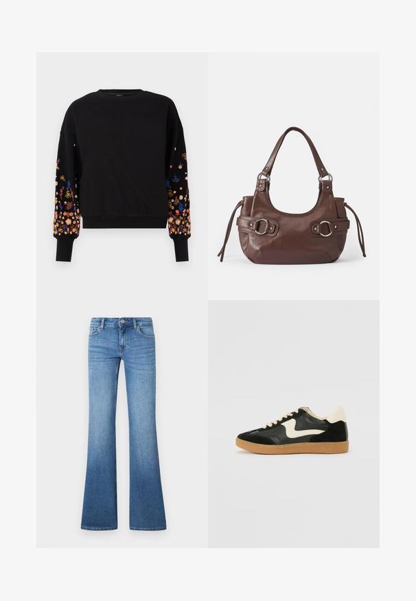 Sweatshirt noir avec broderie florale aux couleurs vives sur les manches, présentant un col rond et des poignets côtelés.; Jean flare bleu clair en denim. Comprend un design à cinq poches, une fermeture par bouton métallique et un léger délavage près des genoux.; Baskets en daim et cuir noir avec un swoosh latéral crème et un talon crème clair. Dotées de lacets beige et d'une semelle en caoutchouc gomme.; Sac à main en cuir marron de forme arrondie, avec quincaillerie argentée, deux anses latérales et une texture lisse. Dispose d'une seule poignée supérieure.