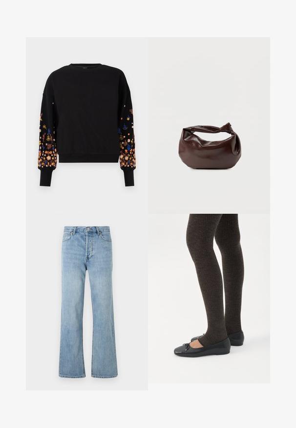 Sweatshirt noir avec broderie florale aux couleurs vives sur les manches, présentant un col rond et des poignets côtelés.; Jean en denim bleu clair taille haute avec fermeture à boutons, poches avant et arrière, et coupe droite sur fond blanc.; Jambes portant des leggings côtelés foncés associés à des ballerines noires avec de petits détails en nœud sur fond blanc.; Sac bandoulière en cuir marron foncé avec une forme souple et décontractée et une anse nouée torsadée sur un fond blanc uni.